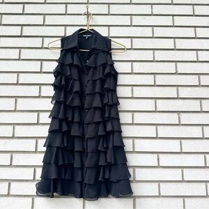 Samuel Dong Black Sleeveless Ruffle Tunic Top Blouse Button Front Layered Sheer